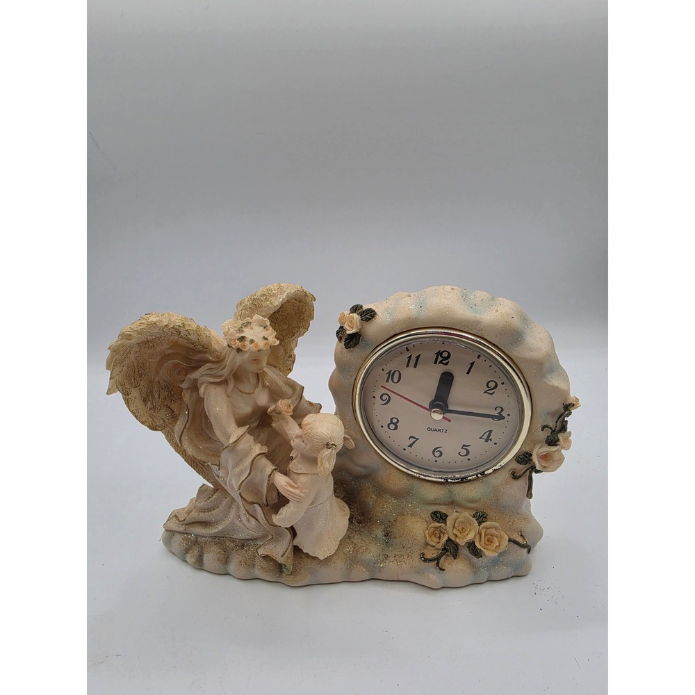 Vtg Angel Child Resin Desk Clock Cream Rose Scalloped Quartz Decor non-working